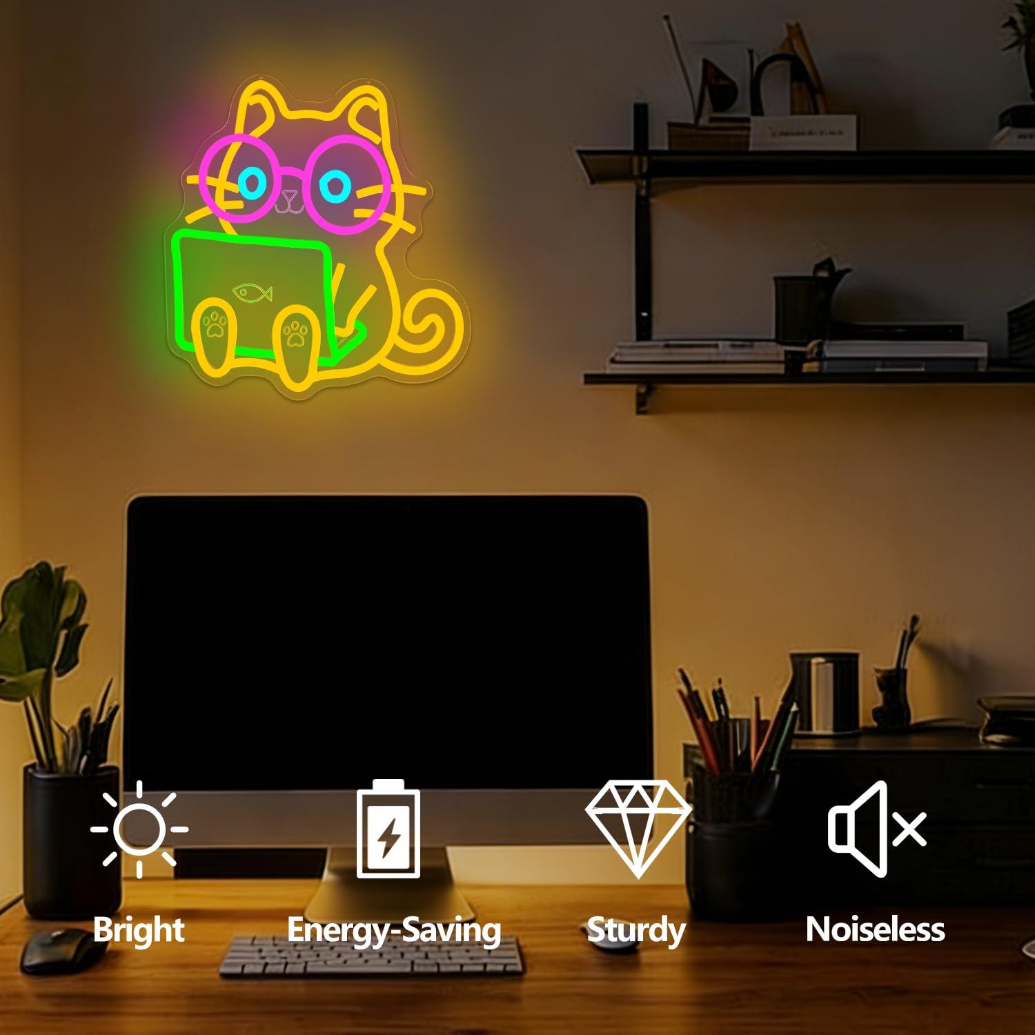 Cat Laptop Neon Sign USB Dimma - Tech Office Wall recension och pris